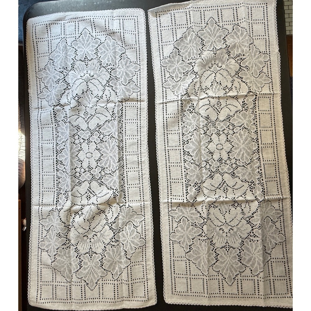 Bess Mfg White Cotton Lace Table Runners Set of 2 Style H1050P 14x32 Vintage USA